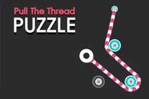 Texten Pull The Thread Puzzle visas bredvid ett banmönster med färgglada knappar på en mörk bakgrund