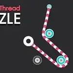 Texten Pull The Thread Puzzle visas bredvid ett banmönster med färgglada knappar på en mörk bakgrund