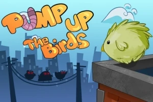 Tecknad fågel sitter på ett tak med orden Pump Up The Birds i lekfulla bokstäver mot en urban bakgrund