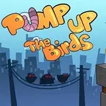 Tecknad fågel sitter på ett tak med orden Pump Up The Birds i lekfulla bokstäver mot en urban bakgrund