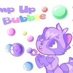 Lila tecknad figur blåser färgglada bubblor i en lekfull illustration med texten Pump Up The Bubble