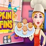 Tecknad kock med muffins på en bricka och bilder av bakningssteg med texten Pumpkin Muffins