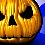 En lysande orange pumpalykta med ett skräckinjagande ansikte mot en blå bakgrund