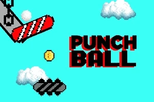 Texten PUNCH BALL i pixelstil med moln i bakgrunden och en gul cirkulär objekt i mitten