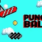 Texten PUNCH BALL i pixelstil med moln i bakgrunden och en gul cirkulär objekt i mitten
