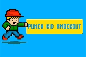 En pixelkonstfigur med röd keps och grön tröja slår mot en gul ruta med texten PUNCH KID KNOCKOUT på blå bakgrund