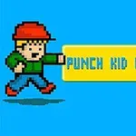 En pixelkonstfigur med röd keps och grön tröja slår mot en gul ruta med texten PUNCH KID KNOCKOUT på blå bakgrund