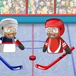Två tecknade ishockeyspelare står redo att börja spela på isen med publik i bakgrunden