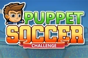 Tecknad figur med stort hår bredvid texten Puppet Soccer Challenge mot en stadionbakgrund