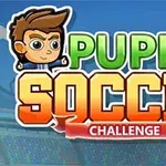 Tecknad figur med stort hår bredvid texten Puppet Soccer Challenge mot en stadionbakgrund