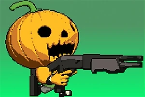 En pixelgrafikfigur med ett pumpalikt huvud håller ett stort vapen mot en grön bakgrund
