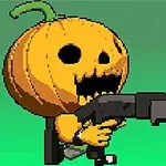 En pixelgrafikfigur med ett pumpalikt huvud håller ett stort vapen mot en grön bakgrund