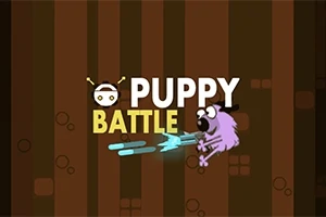 Texten Puppy Battle med en tecknad hund som bär en hatt och skjuter laser på en brunrandig bakgrund