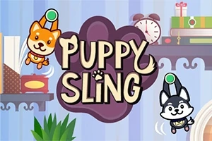 Tecknade valpar med sugkoppar hänger på vardera sidan av texten Puppy Sling mot en bakgrund av böcker, en klocka och en växt