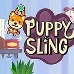 Tecknade valpar med sugkoppar hänger på vardera sidan av texten Puppy Sling mot en bakgrund av böcker, en klocka och en växt