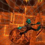 En tecknad figur med blå hud som fastnar i ett nät i en orange, futuristisk miljö