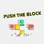 Texten Push The Block med färgglada kuber och knappar mot en vit bakgrund