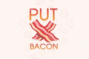Texten PUT BACON med två korsade baconskivor i mitten på en ljus bakgrund med matrelaterade ikoner i bakgrunden