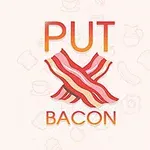 Texten PUT BACON med två korsade baconskivor i mitten på en ljus bakgrund med matrelaterade ikoner i bakgrunden