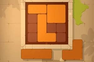 Bruna och orange block är placerade i ett pusselmönster på en beige bakgrund med gröna och skuggade områden