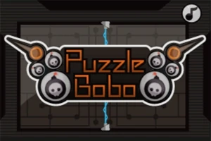 Logotyp med texten Puzzle Bobo omgivet av bombmotiv och grafiska element på en mörk bakgrund