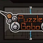 Logotyp med texten Puzzle Bobo omgivet av bombmotiv och grafiska element på en mörk bakgrund