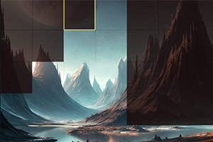 En digital landskap med höga, spetsiga berg och en sjö under en stjärnklar himmel