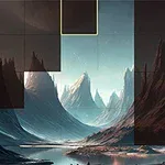 En digital landskap med höga, spetsiga berg och en sjö under en stjärnklar himmel