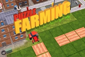 Texten Puzzle Farming i stora bokstäver ovanför en tecknad scen med byggnader, vägar och jordbruksfält