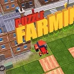 Texten Puzzle Farming i stora bokstäver ovanför en tecknad scen med byggnader, vägar och jordbruksfält