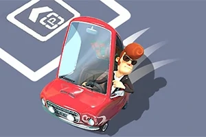 En animerad karaktär med solglasögon kör en röd bil på en blå väg med ett parkeringsmärke