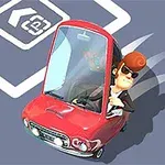 En animerad karaktär med solglasögon kör en röd bil på en blå väg med ett parkeringsmärke
