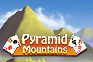 Bilden visar tecknade berg med en blå himmel i bakgrunden och spelkort som omger texten Pyramid Mountains