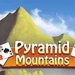 Bilden visar tecknade berg med en blå himmel i bakgrunden och spelkort som omger texten Pyramid Mountains