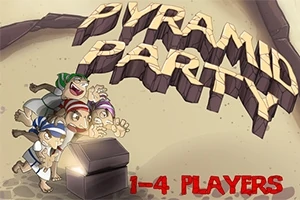 Fyra tecknade figurer står runt en öppen kista, med texten Pyramid Party i stora bokstäver ovanför och 1-4 Players längst ner