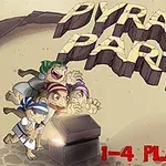 Fyra tecknade figurer står runt en öppen kista, med texten Pyramid Party i stora bokstäver ovanför och 1-4 Players längst ner