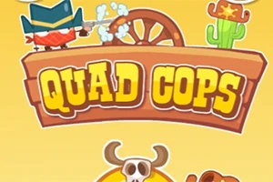 Tecknad illustration med cowboytema, där en cowboy skjuter pistoler bredvid en kaktus och en dödskalle syns nedanför