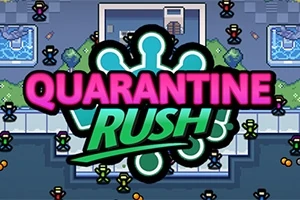 Titeltexten Quarantine Rush i neonfärger med bakgrund av ett top-down vy av ett spelområde med små figurer