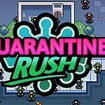 Titeltexten Quarantine Rush i neonfärger med bakgrund av ett top-down vy av ett spelområde med små figurer