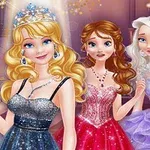 Fyra animerade prinsessor i olika färgglada balklänningar står tillsammans framför en glittrig bakgrund