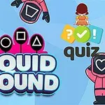 Illustration med figurer i rosa overaller och masker, symboler överst och texten Squid Round samt quiz