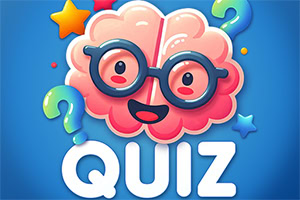 En glad tecknad hjärna med glasögon omgiven av frågetecken och stjärnor ovanför texten QUIZ