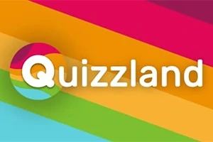 Färgglada diagonala ränder med en logotyp och texten Quizland i mitten