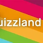 Färgglada diagonala ränder med en logotyp och texten Quizland i mitten