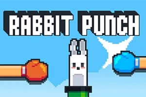 Två tecknade boxhandskar, en röd och en blå, möter ett kaninhuvud från en cylinder, med texten Rabbit Punch ovanför på en blå bakgrund