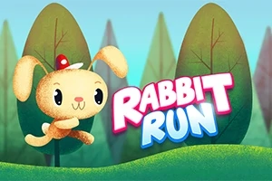 Tecknad kanin med röd luva hoppar genom en färgglad skog med texten Rabbit Run