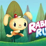 Tecknad kanin med röd luva hoppar genom en färgglad skog med texten Rabbit Run