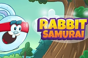 En tecknad kanin med rött pannband bredvid en stor trädstam och texten Rabbit Samurai i färgglada bokstäver