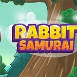 En tecknad kanin med rött pannband bredvid en stor trädstam och texten Rabbit Samurai i färgglada bokstäver