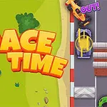 Flera små racingbilar på en bana med texten RACE TIME i stora bokstäver mot en grön bakgrund